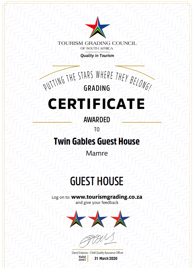 Twin Gables Guest House TGCSA 2019-2020 Grading  Certificate